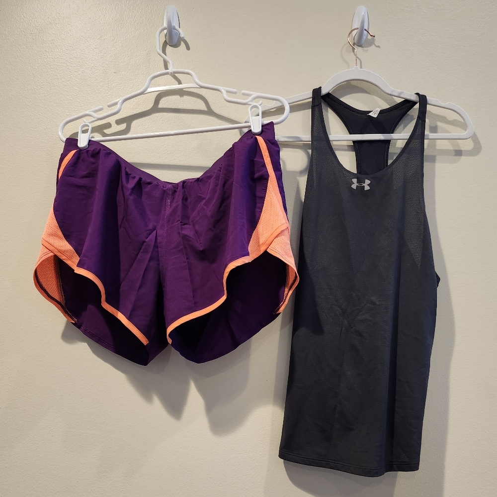 Under Armour, size large, purple and coral running shorts AND gray tank top